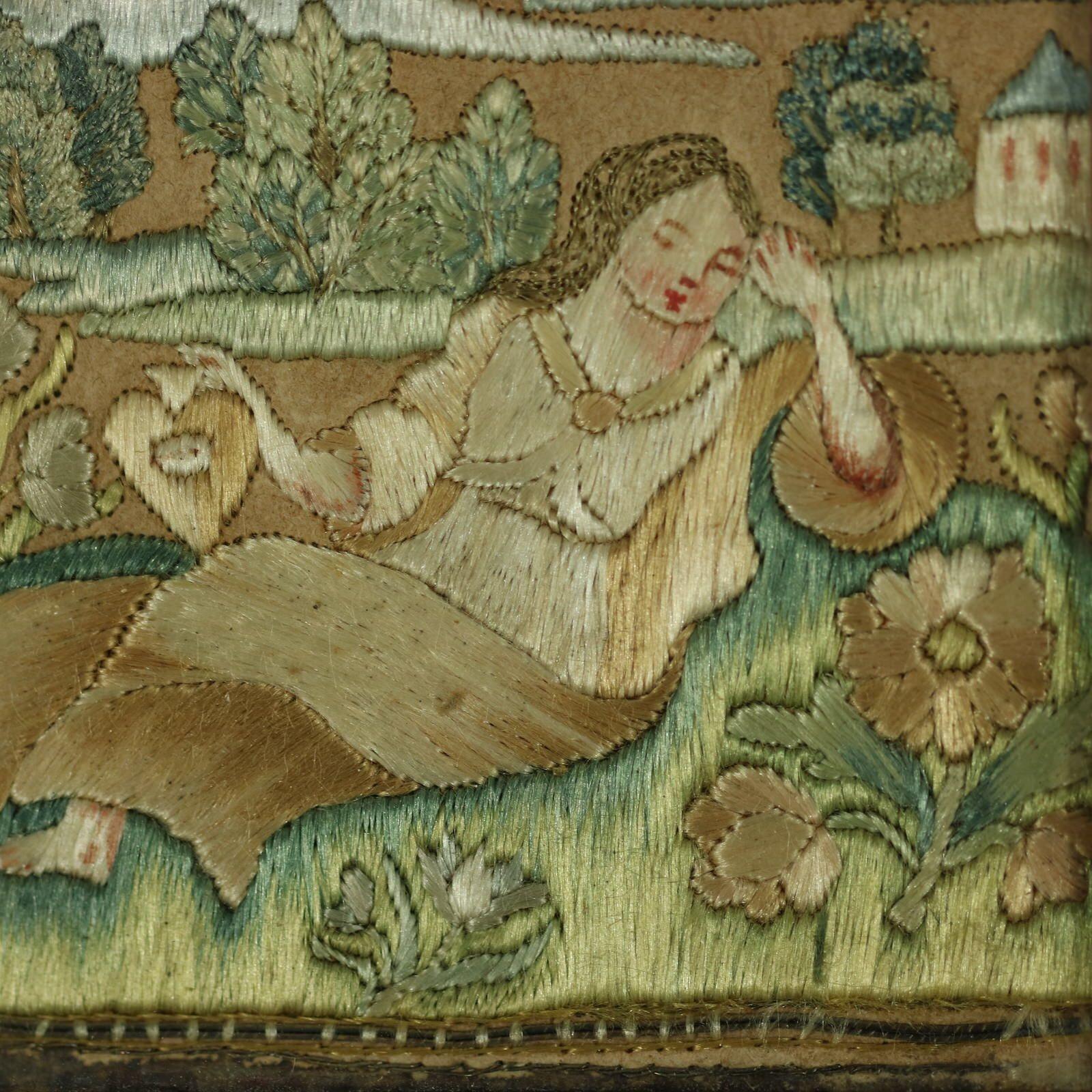 Tableau réversible de broderie sur soie miniature du 17e siècle en vente 7