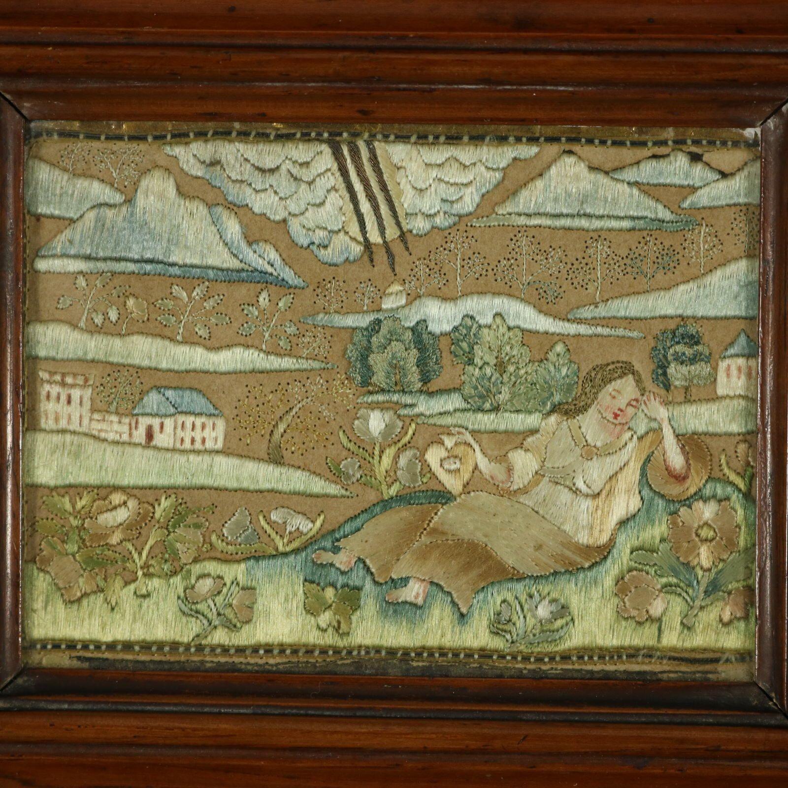 Tableau réversible de broderie sur soie miniature du 17e siècle en vente 3