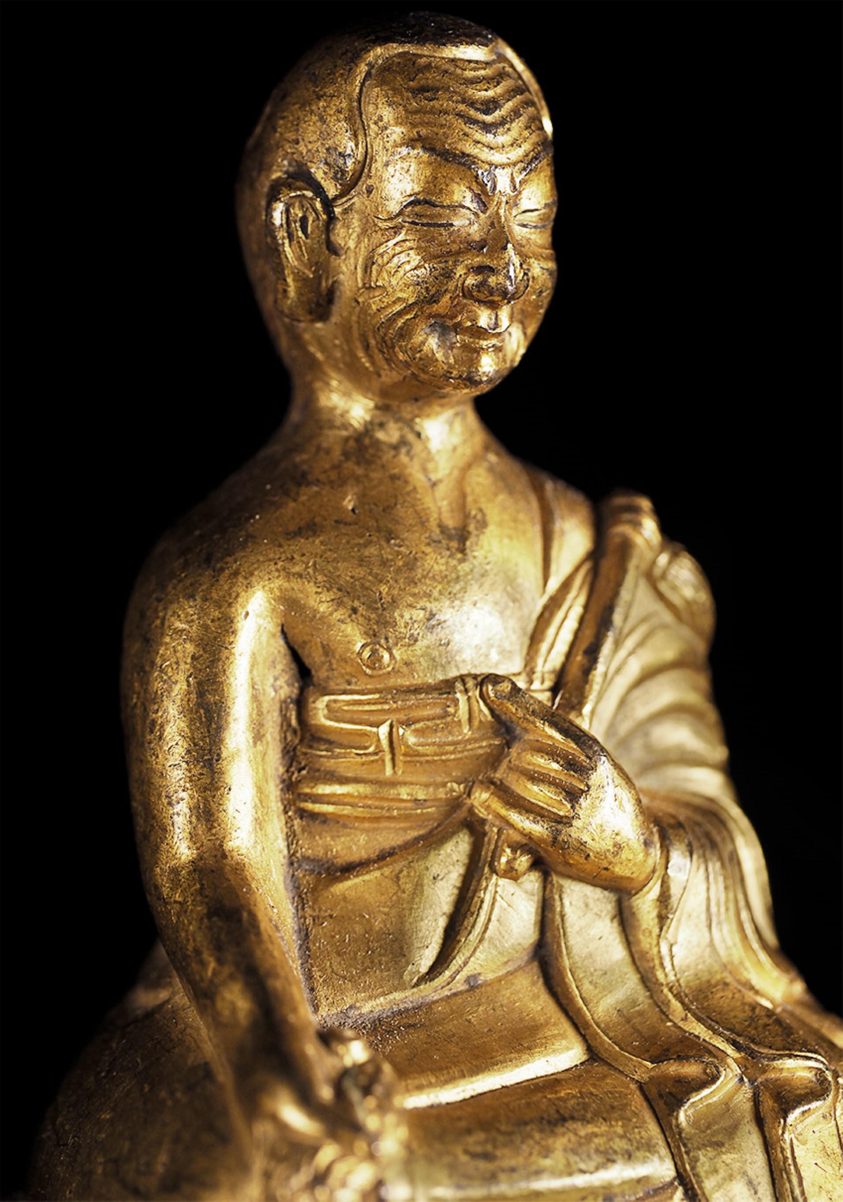 18th Century and Earlier 17thC or earlier Tibetan Buddhist Portrait Statue of a Monk in copper.-Animated For Sale