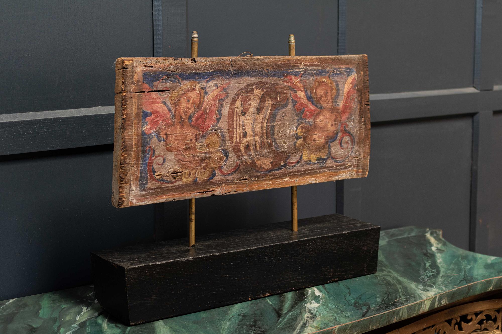Circa 1680.

17thc polychrome painted ceiling panel

Mounted on a later block

 


Measures: W48 x D11 x H39.5cm.