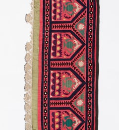 1.7x12.2 Ft Uzbek Red Wall Hanging, Embroidered Silk and Cotton Table Runner