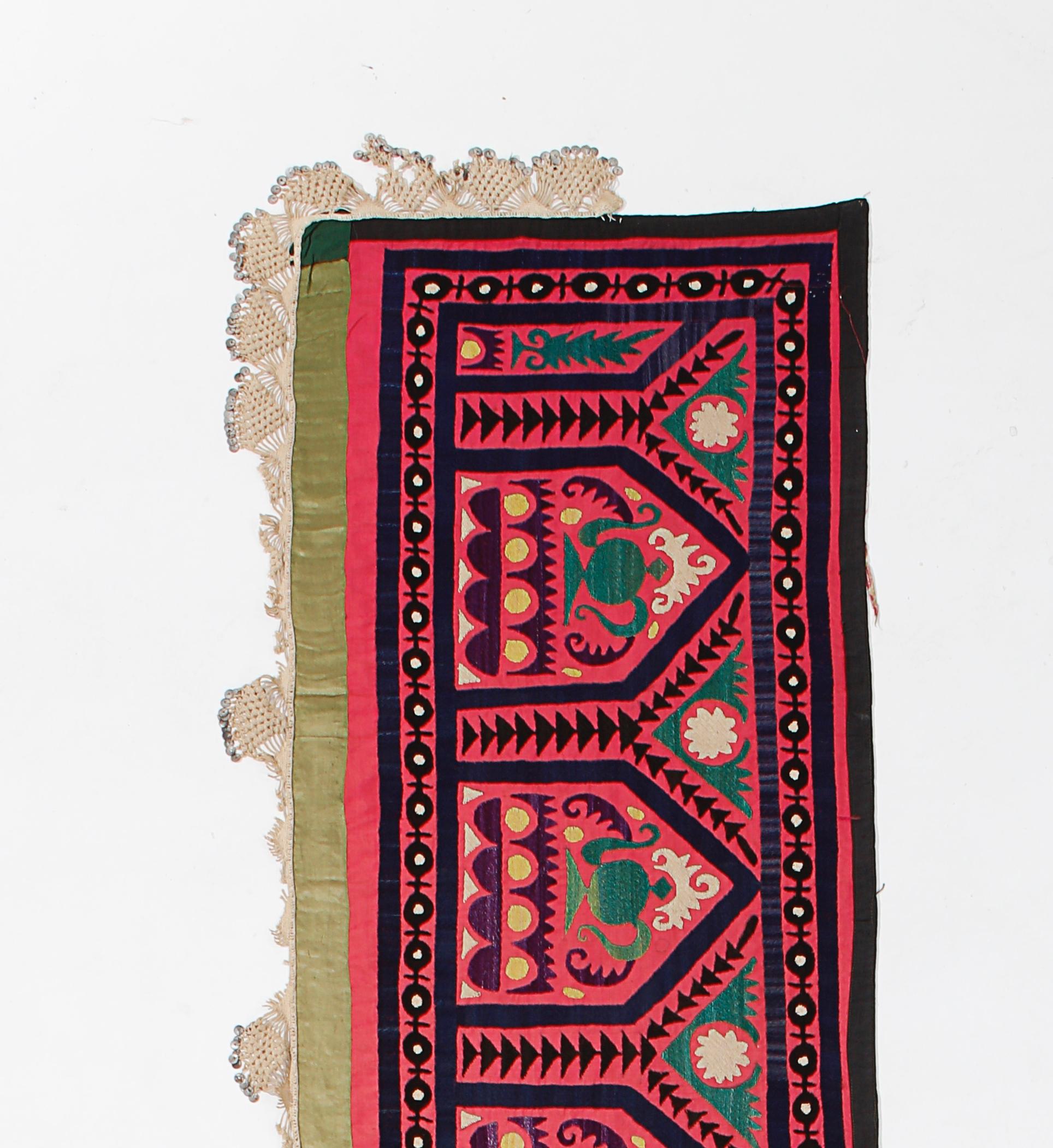 Suzani 1.7x12.2 Ft Uzbek Red Wall Hanging, Embroidered Silk and Cotton Table Runner For Sale