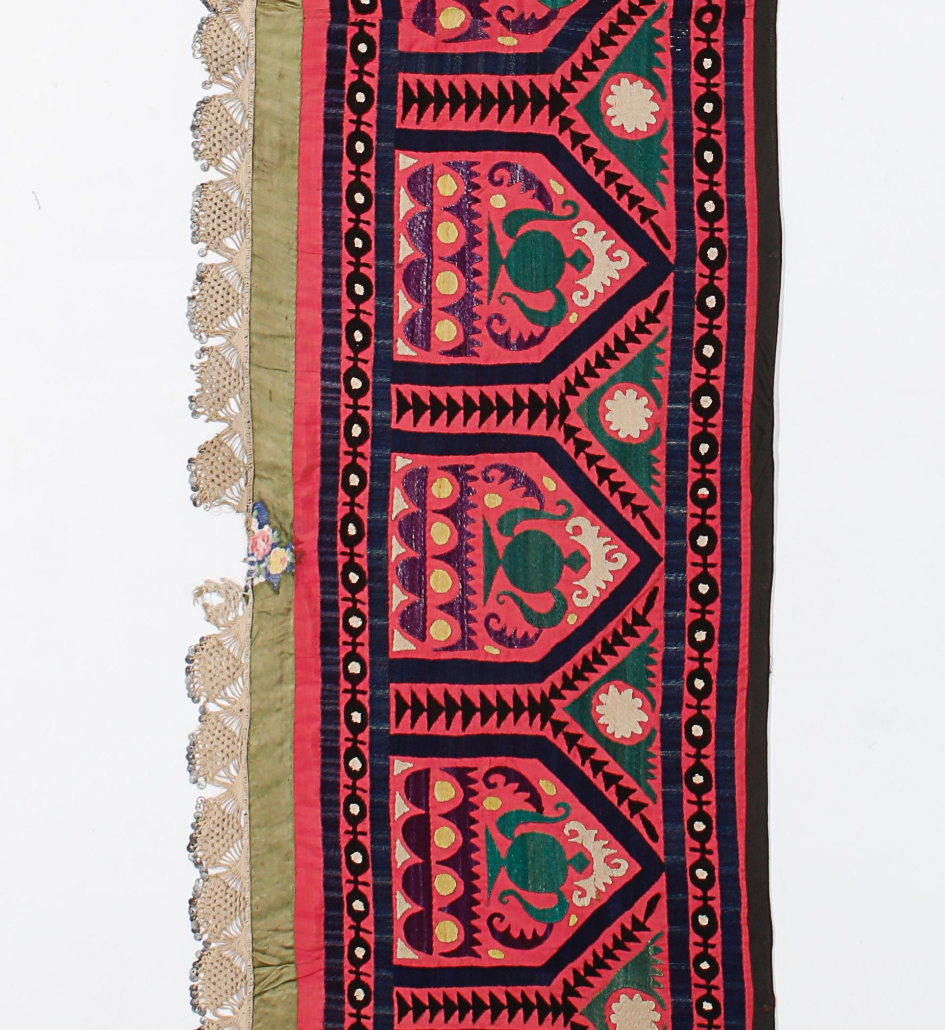 1.7x12.2 Ft Uzbek Red Wall Hanging, Embroidered Silk and Cotton Table Runner In Good Condition For Sale In Spring Valley, NY