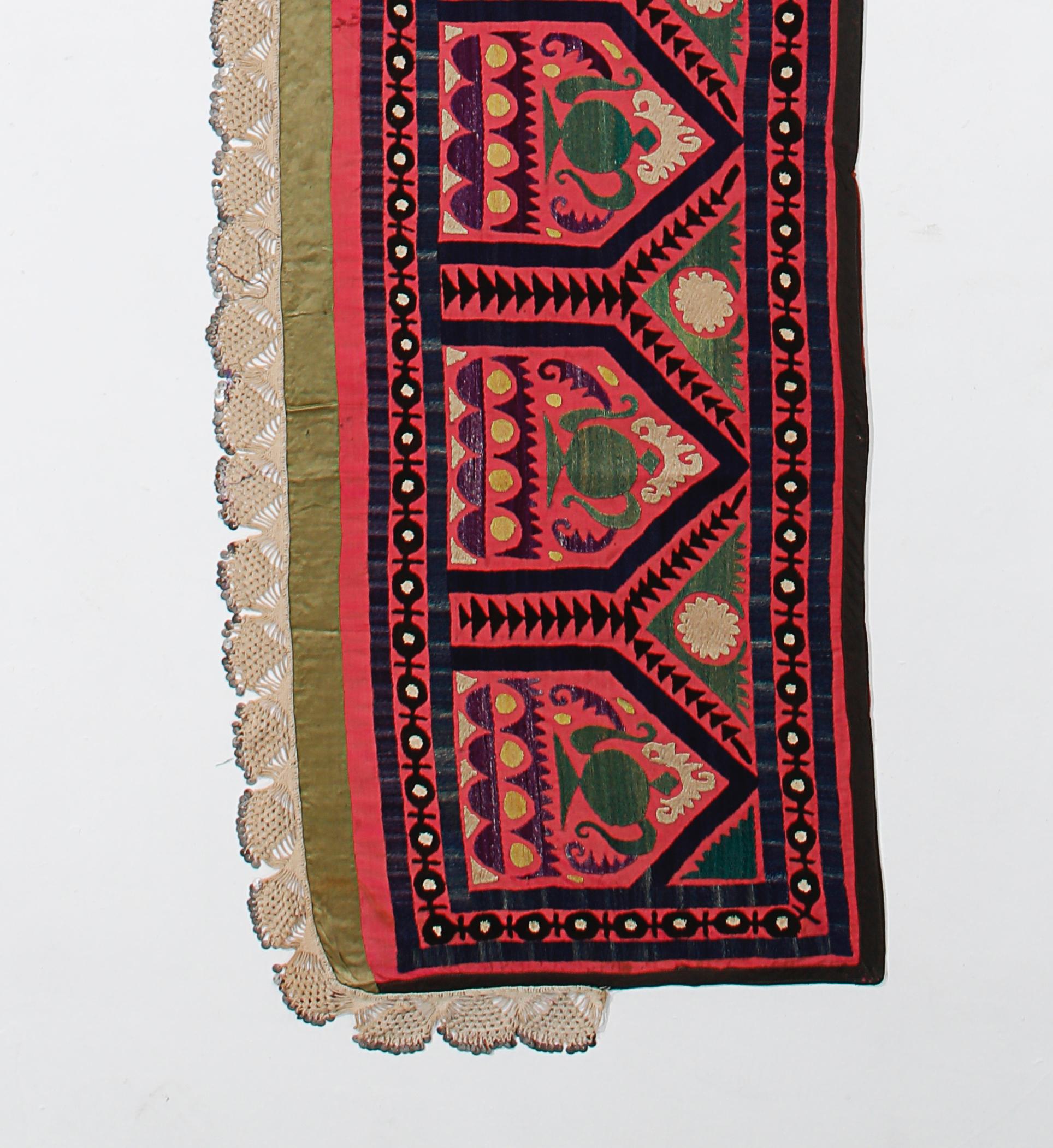 20th Century 1.7x12.2 Ft Uzbek Red Wall Hanging, Embroidered Silk and Cotton Table Runner For Sale
