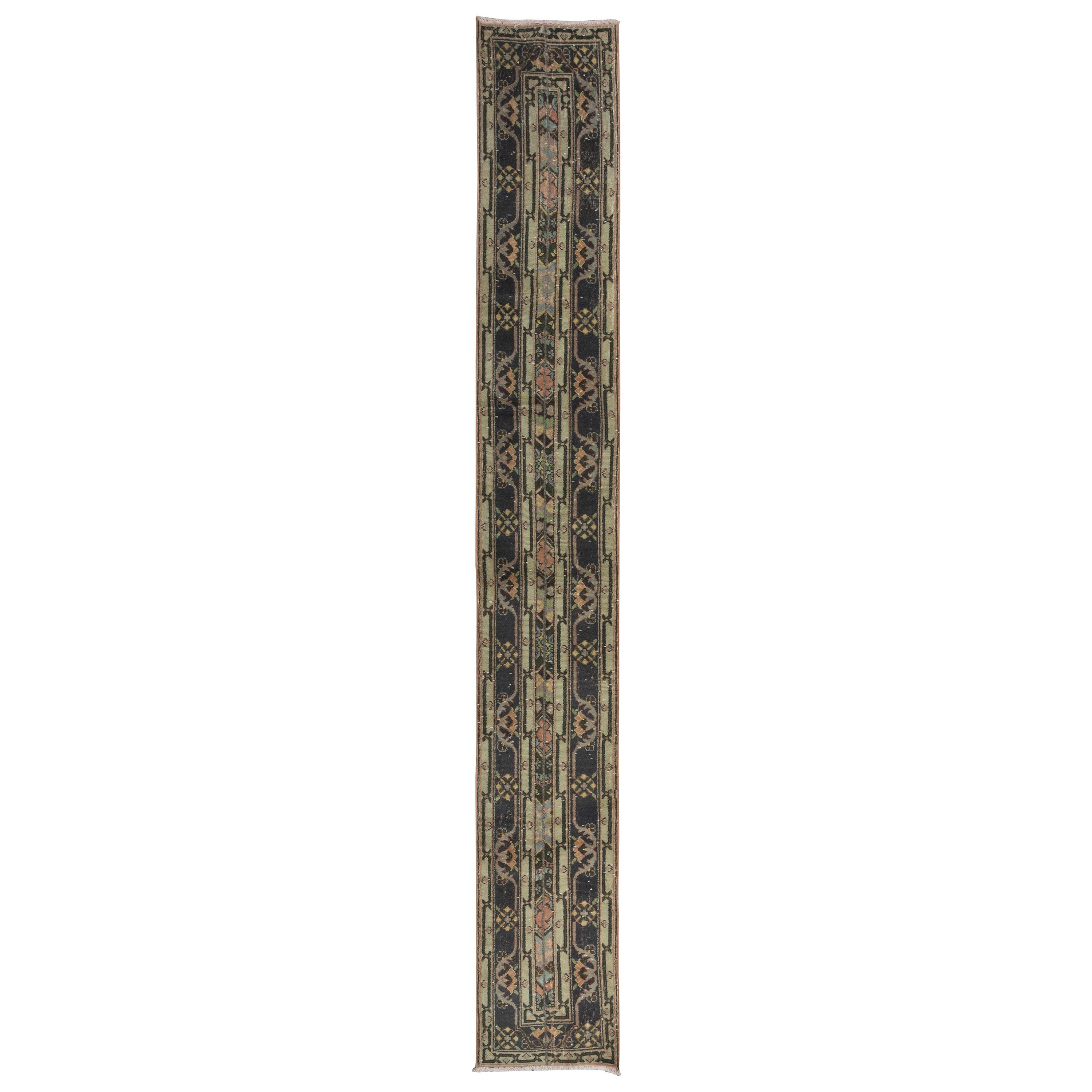 Handgefertigter schmaler Vintage-Läufer aus türkischer Wolle mit 1,7x12,7 Fuß für Flur-Dekor aus Wolle