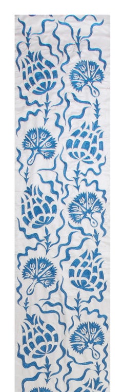 1.7x13.5 Ft Uzbek Suzani Fabric Wall Hanging, Silk Hand Embroidery Table Runner