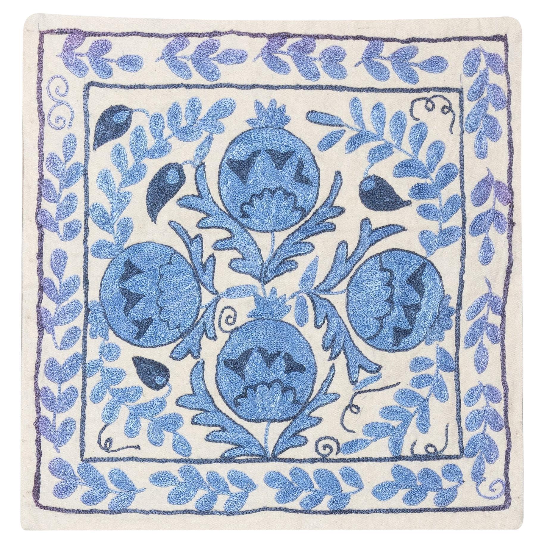 17"x17" Decorative Silk Embroidery Suzani Cushion Cover in Cream and Light Blue
