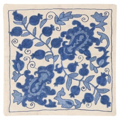 17"x17" Hand Made Uzbek Silk Embroidered Suzani Cushion Cover in Cream & Blue