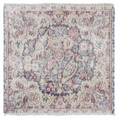 1'7"x1'7" Indigo Blue Hand Knotted Vintage Worn Farsian Kerman Pure Wool Rug