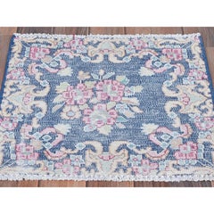 1'7"x1'7" Navy Blue Flower Design Worn Wool Hand Knotted Vintage Square Rug