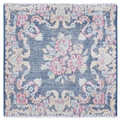 1'7"x1'7" Navy Blue Flower Design Worn Wool Hand Knotted Vintage Square Rug
