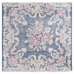 1'7"x1'7" Navy Blue, Old Farsian Kerman Worn Wool Hand Knotted Square Rug