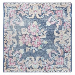 1'7"x1'7" Navy Blue, Vintage Farsian Kerman, Worn Wool Hand Knotted Square Rug