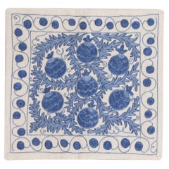 17"x17" Silk Embroidery Suzani Cushion Cover, Blue & Cream Throw Pillow Cover
