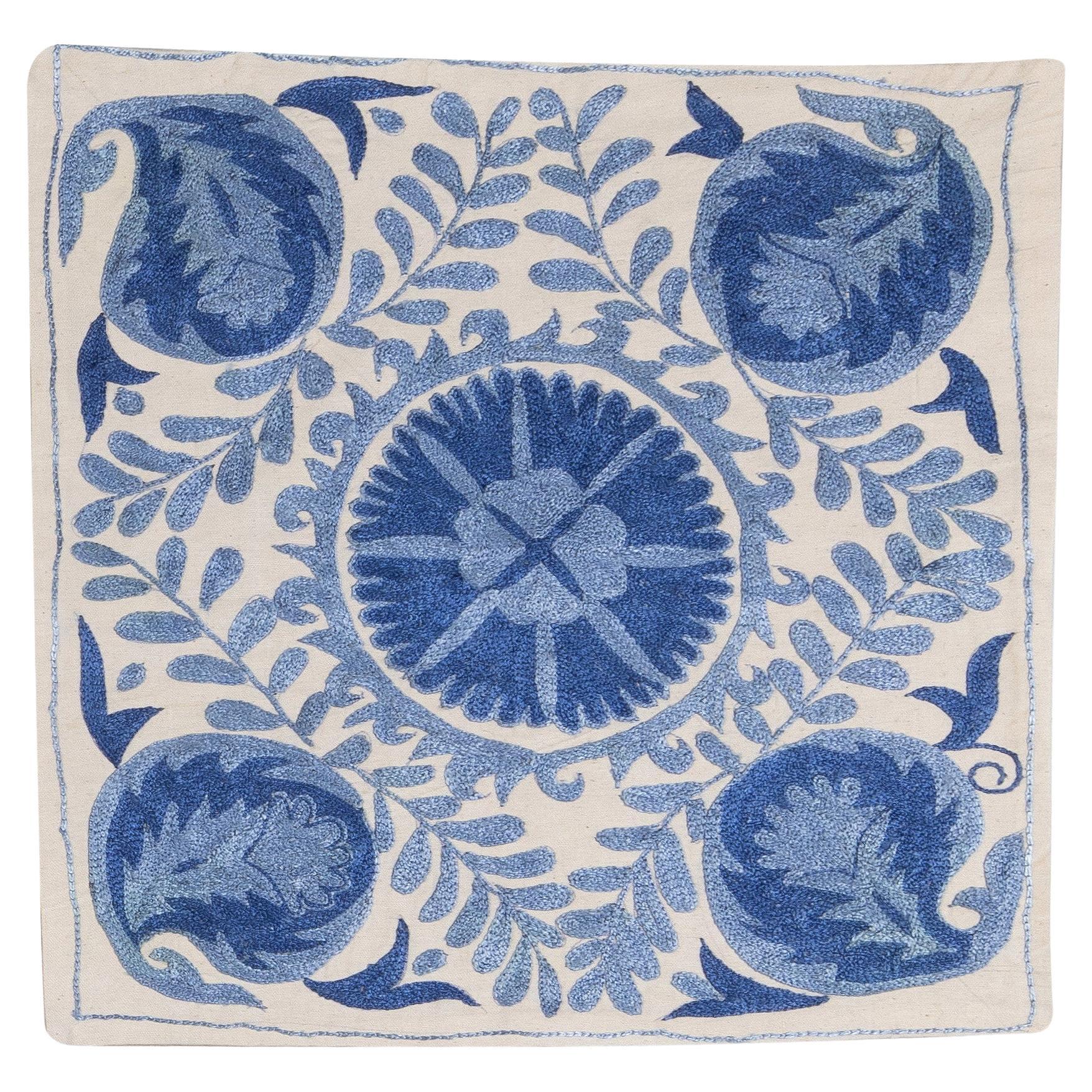 17"x17" Silk Embroidery Cushion Cover, Uzbek Throw Pillow Cover in Cream & Blue