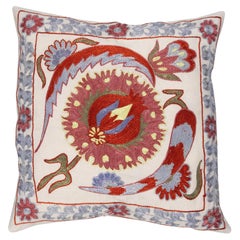 17"x17" Silk Embroidery Throw Pillow, Handmade Toss Pillow, Uzbek Suzani Cushion