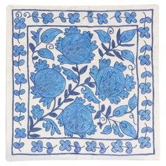 17"x17" Silk Hand Embroidered Suzani Cushion Cover in Cream 
Light Blue