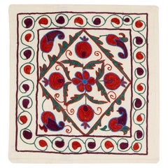 17"x17" Square Silk Embroidery Cushion Cover, Colorful Uzbek Toss Pillow Cover