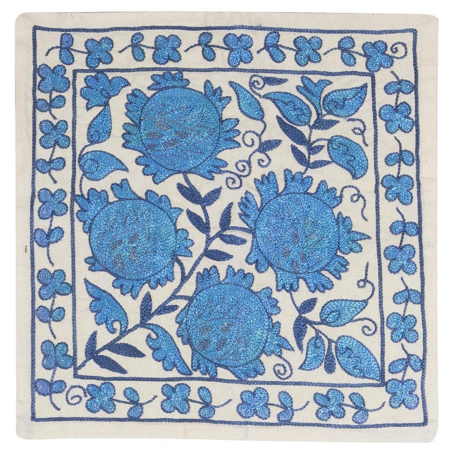 17"x18" New Handmade Silk Embroidered Suzani Cushion Cover in Cream & Light Blue