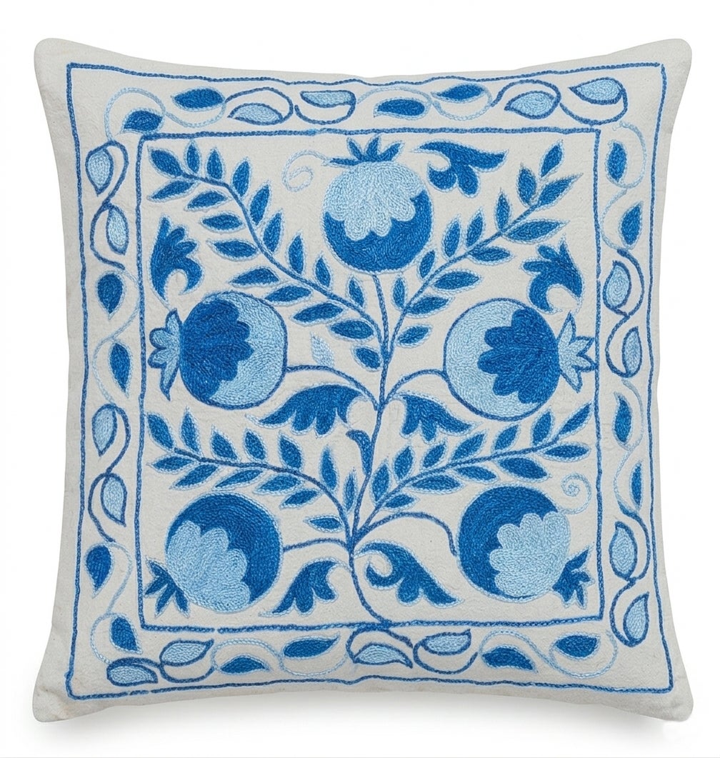 17"x18" Hand Embroidered Silk Cushion Cover, Floral Motifs, Blue Accent Pillow