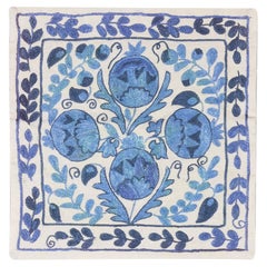 17"x18" New Uzbek Silk Embroidered Suzani Cushion Cover in Cream & Blue Color