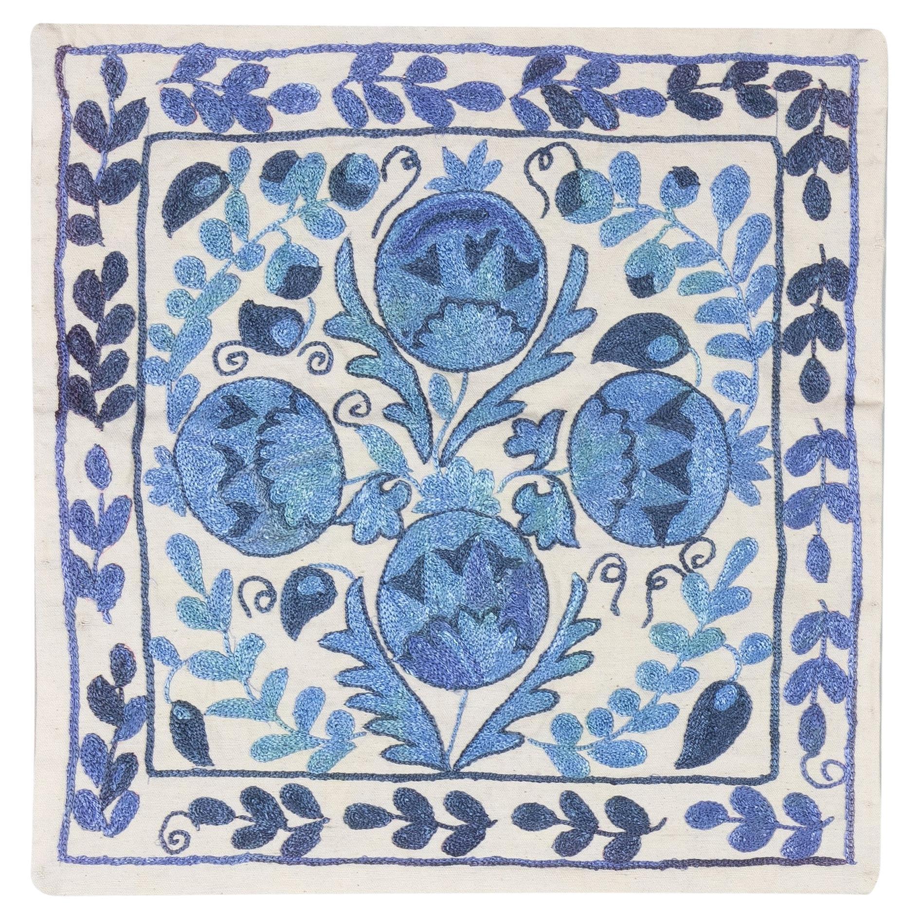 17"x18" Silk Embroidered Cushion Cover in Cream & Blue, Uzbek Suzani Toss Pillow
