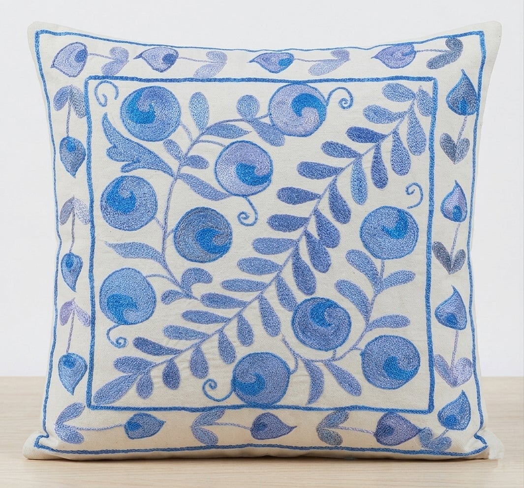 17"x18" Silk Embroidery Cushion Cover, Blue Throw Pillow, Floral Accent Pillow