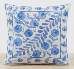 17"x18" Silk Embroidery Cushion Cover, Blue Throw Pillow, Floral Accent Pillow