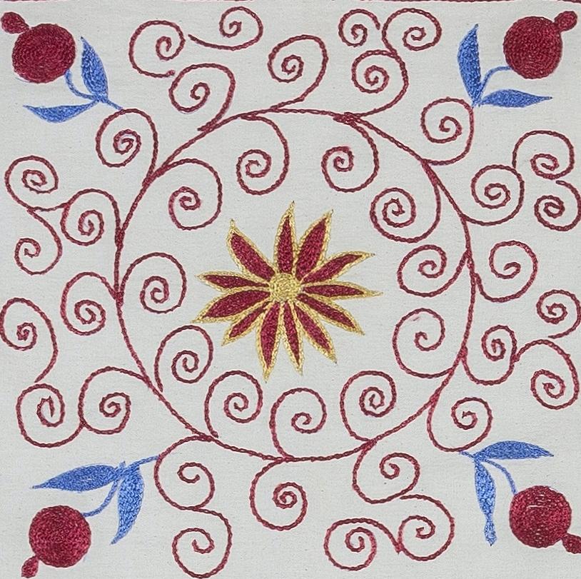 Fodera decorativa per cuscino realizzata in seta ricamata a mano su sfondo di lino, con motivi di fiori e viti, supporto di lino con cerniera, senza inserto. Misure: 17 