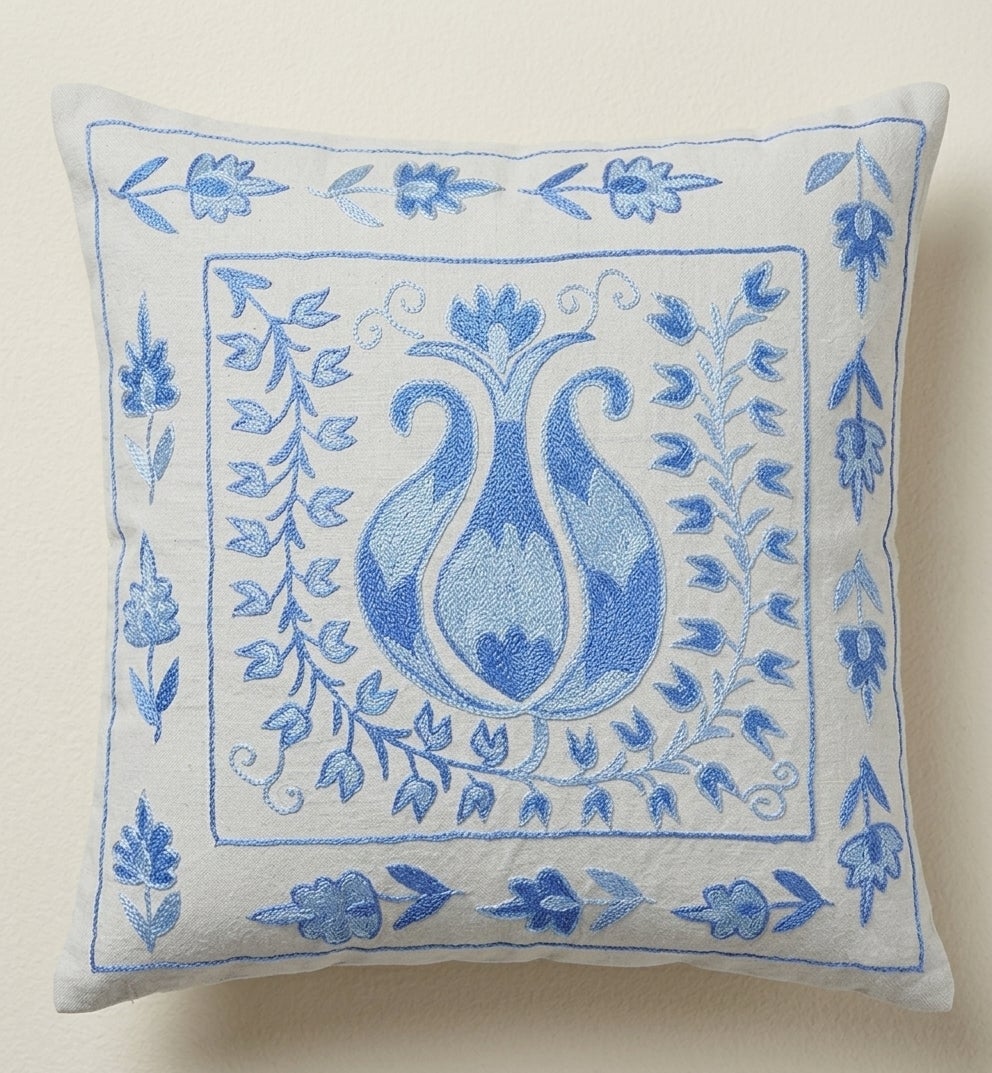 17"x19" Silk Accent Pillow, Hand Embroidered Cushion Cover in Cream & Light Blue For Sale