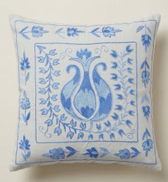 17"x19" Silk Accent Pillow, Hand Embroidered Cushion Cover in Cream & Light Blue