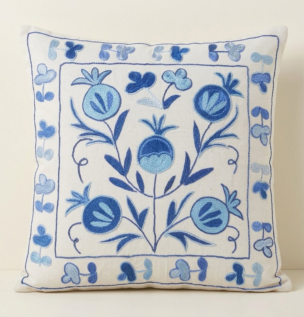 17"x19" Uzbek Throw Pillow. Embroidery Silk Cushion Cover. Blue Accent Pillow