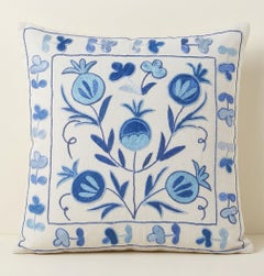 17"x19" Uzbek Throw Pillow. Embroidery Silk Cushion Cover. Blue Accent Pillow