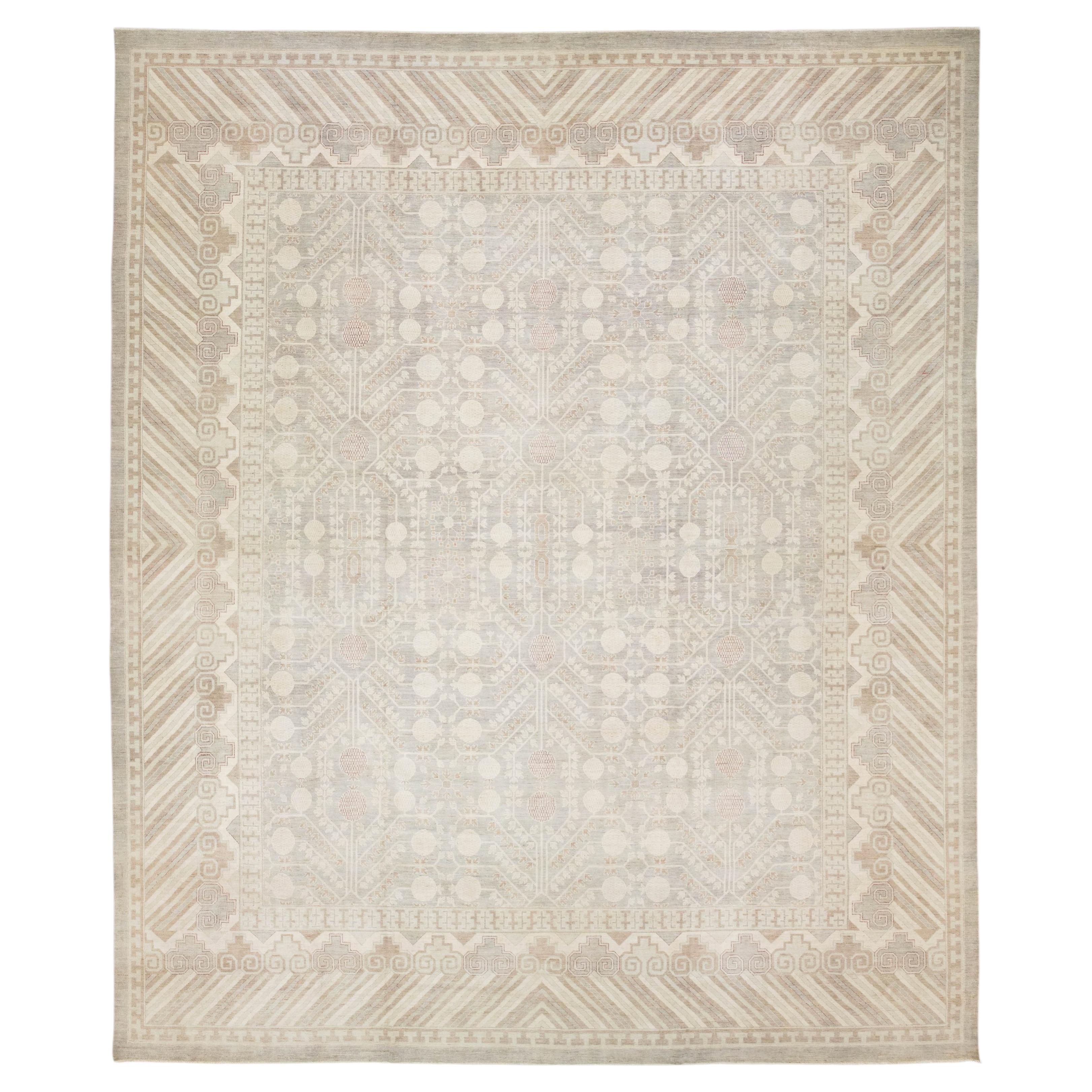 17x20 Modern Khotan Style Hand-Knotted Wool Area Rug – Geometric Neutral Palette