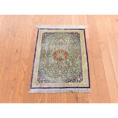 1'7"x2'4" Green Pure Silk Vintage Persian Ghom 600 KPSI Hand Knotted Mat Rug