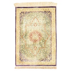 1'7"x2'4" Green Pure Silk Vintage Persian Ghom 600 KPSI Hand Knotted Mat Rug