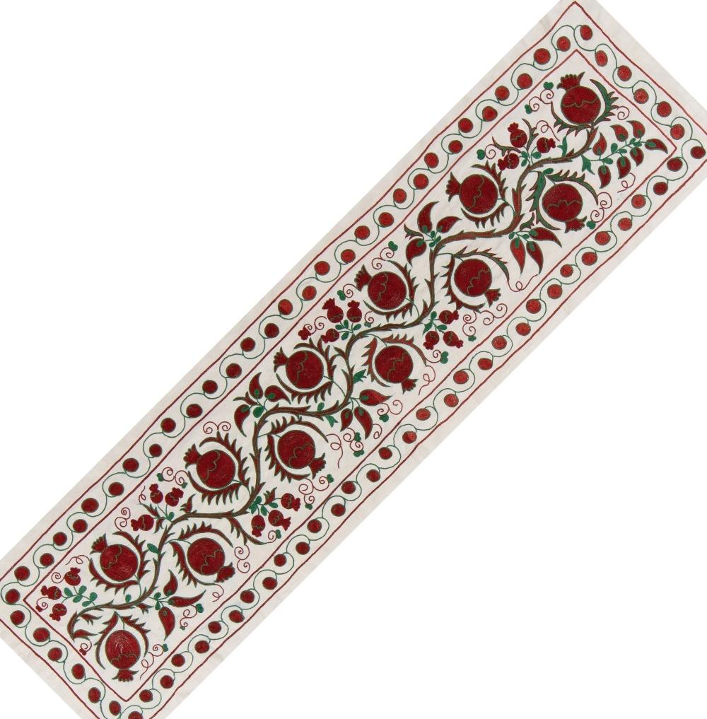 Contemporary 1.7x6 Ft Decorative Uzbek Suzani Wall Hanging, Silk Hand Embroidery Table Runner
