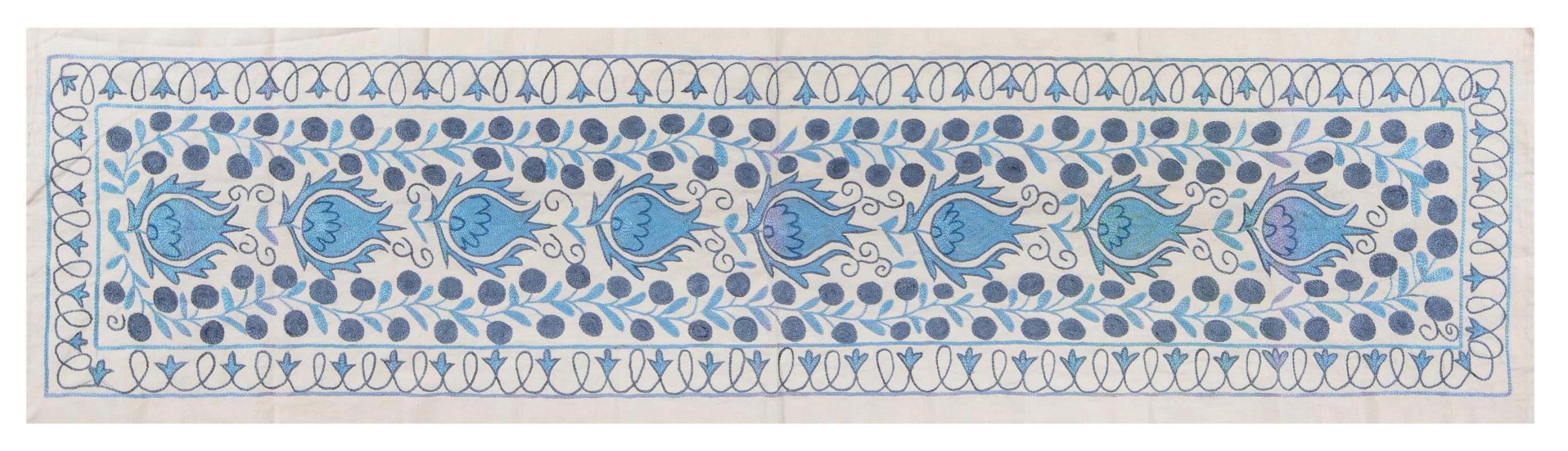Contemporary 1.7x6.2 Ft Central Asian Suzani Textile. Embroidered Cotton & Silk Table Runner For Sale