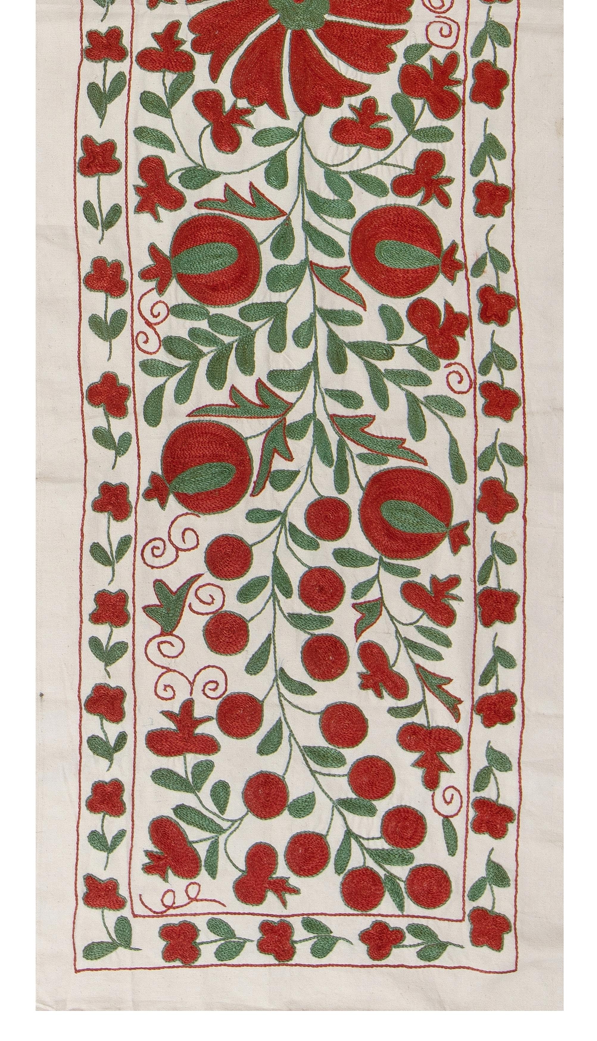Uzbek 1.7x6.2 Ft Suzani Embroidered Cotton & Silk Wall Hanging, Decorative Tablecloth For Sale