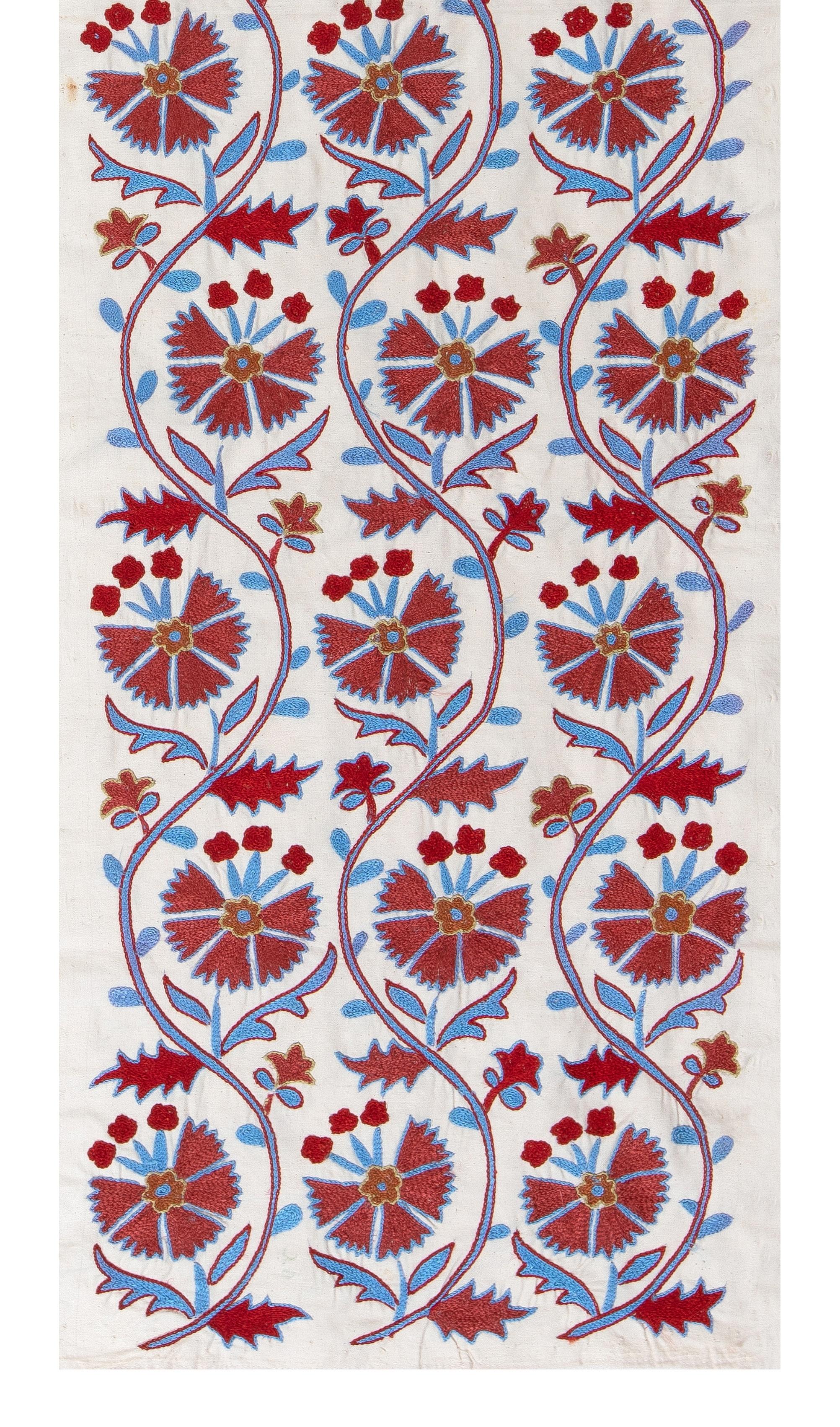 Uzbek 1.7x6.2 Ft Central Asian Suzani Textile, Embroidered Cotton & Silk Wall Hanging For Sale