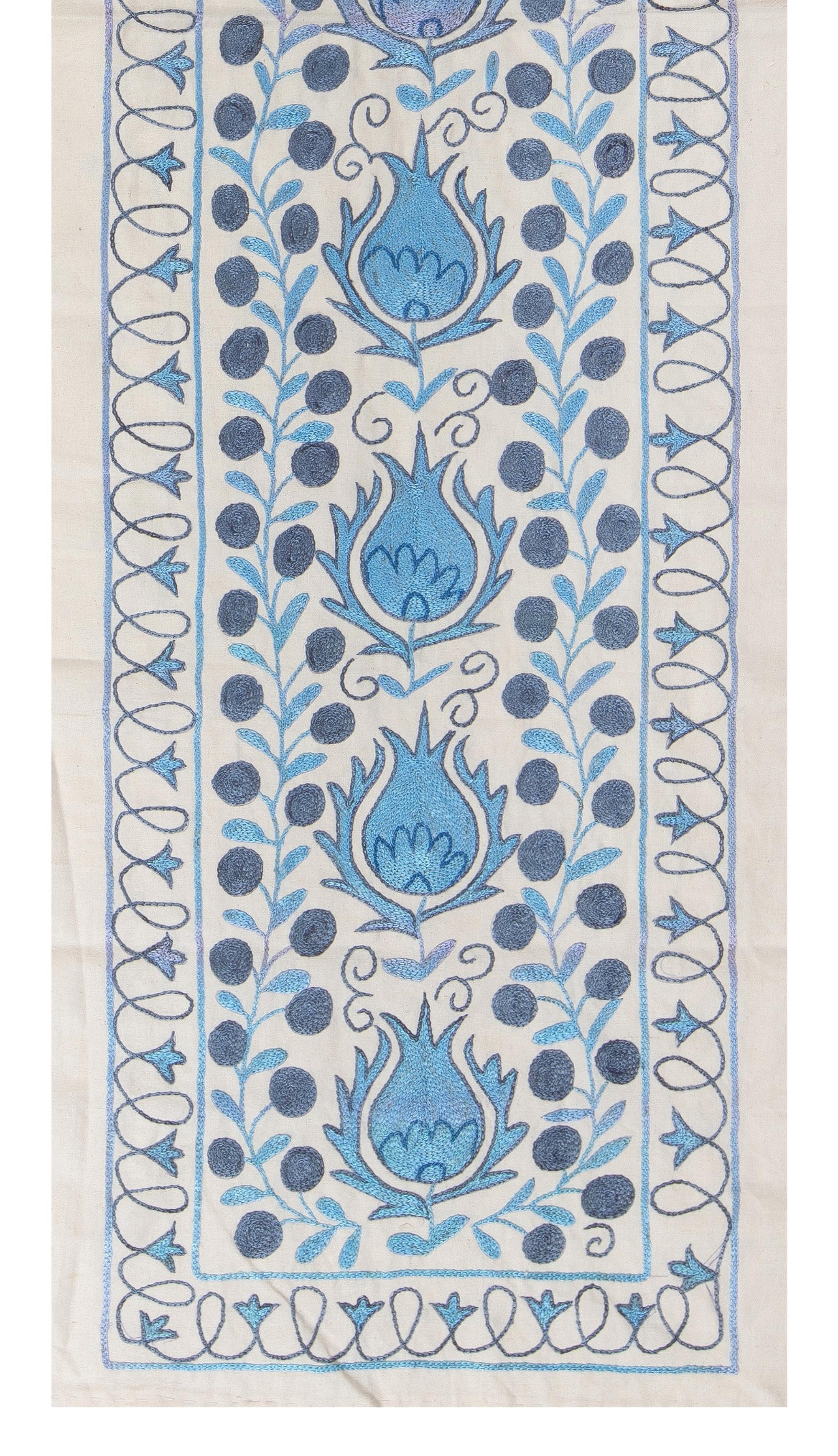 Uzbek 1.7x6.2 Ft Central Asian Suzani Textile. Embroidered Cotton & Silk Table Runner For Sale