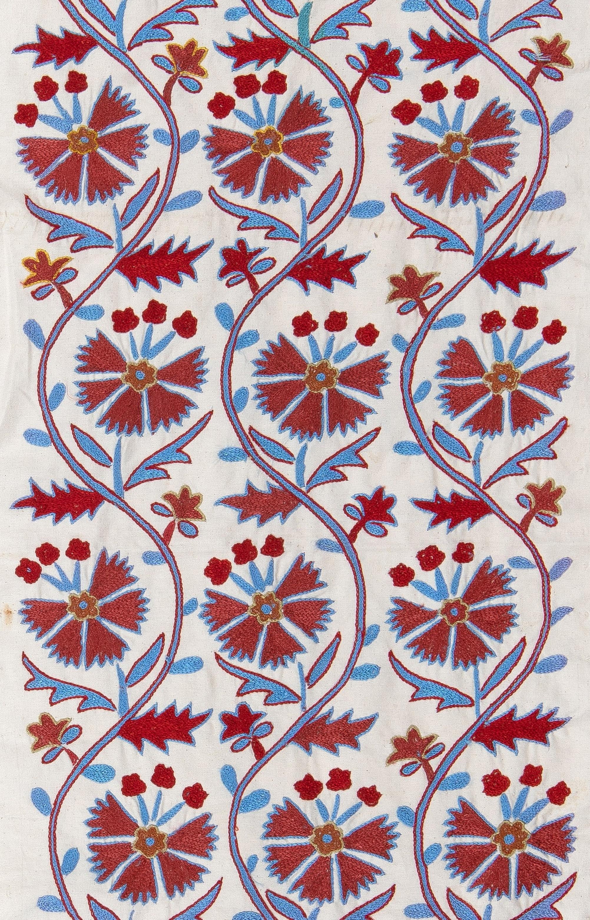 1.7x6.2 Ft Handmade Suzani Table Runner, Embroidered Cotton & Silk Wall Hanging In New Condition For Sale In Spring Valley, NY