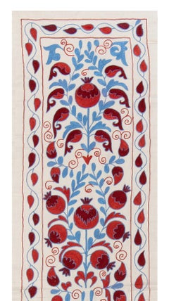 1.7x6.3 Ft Silk Embroidery Table Runner, Uzbek Wall Hanging in Red, Cream & Blue