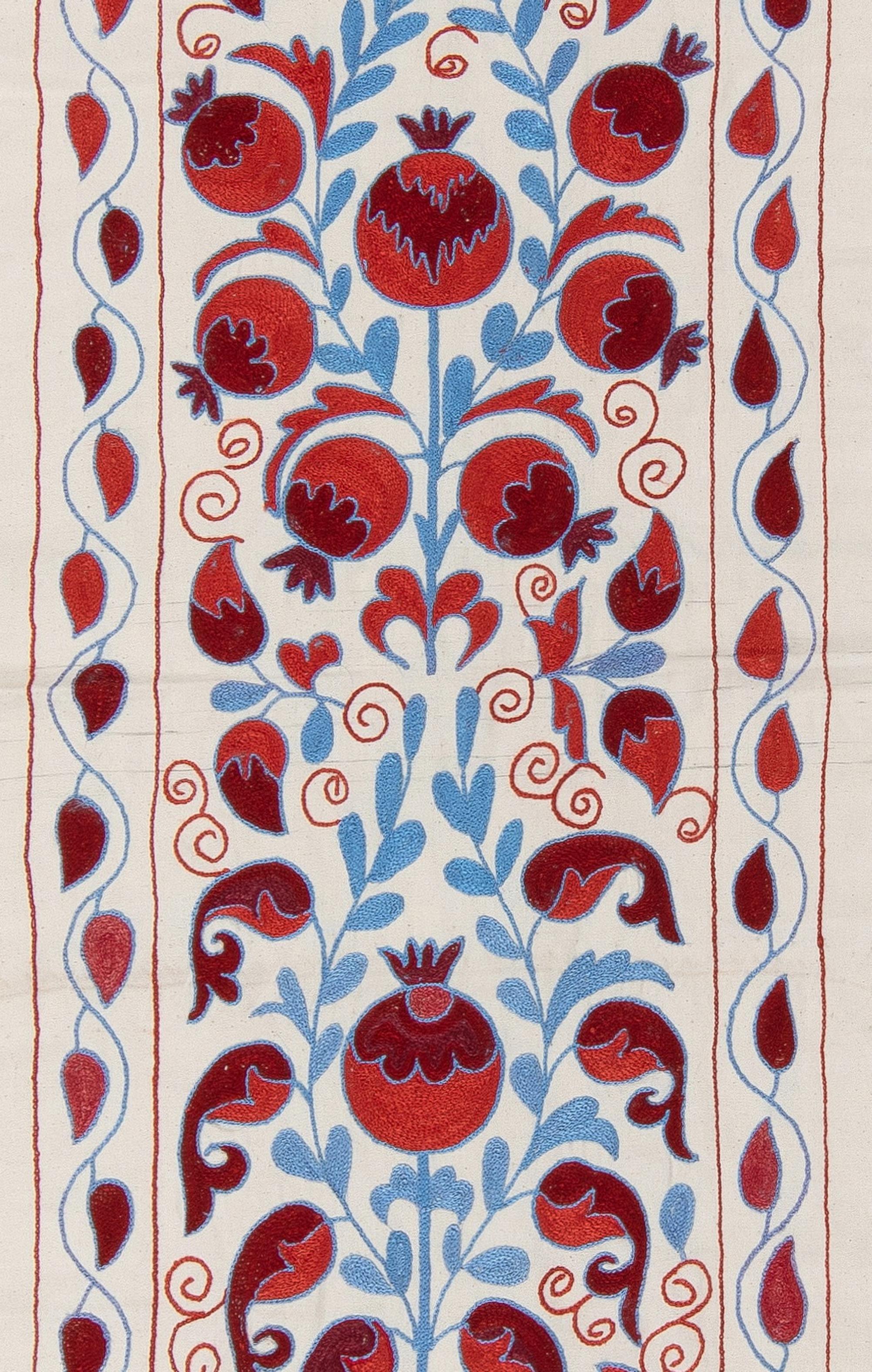 Embroidered 1.7x6.3 Ft Silk Embroidery Table Runner, Uzbek Wall Hanging in Red, Cream & Blue For Sale