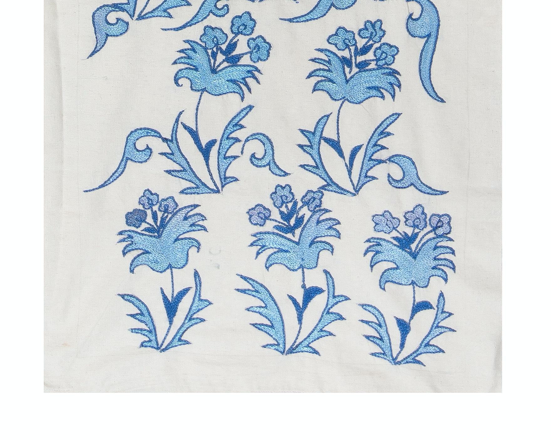 Contemporary 1.7x6.3 Ft Floral Suzani Table Runner, Embroidered Wall Hanging, Blue Tapestry For Sale