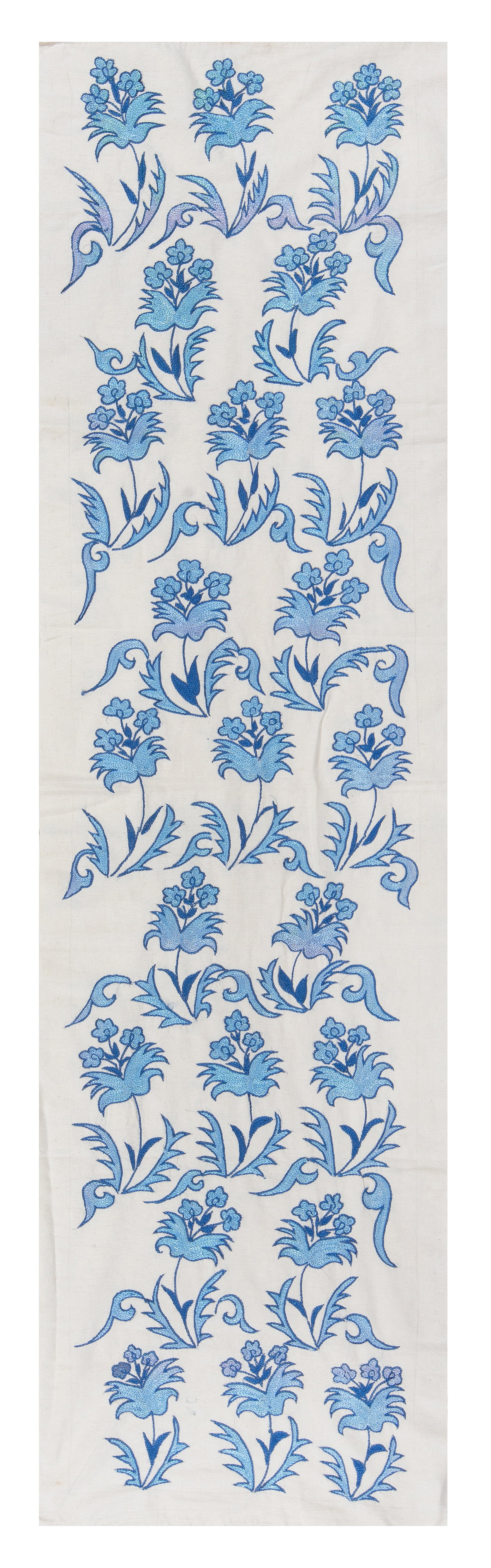 1.7x6.3 Ft Floral Suzani Table Runner, Embroidered Wall Hanging, Blue Tapestry For Sale