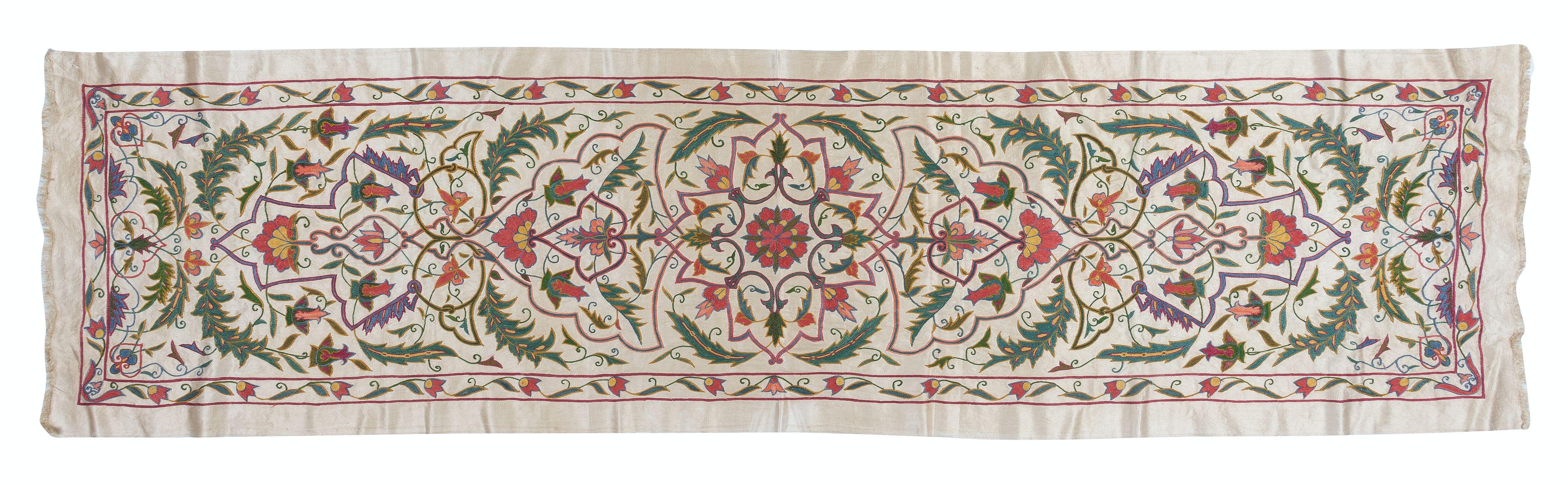 Contemporary 1.7x6.4 ft Embroidered All Silk Runner, Suzani Wall Hanging, Uzbek Bedspread For Sale