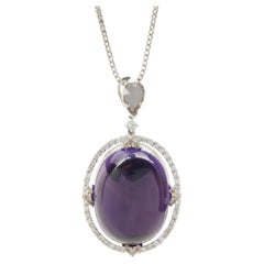 18/14 Karat White Gold Cabochon Cut Amethyst and Diamond Drop Necklace