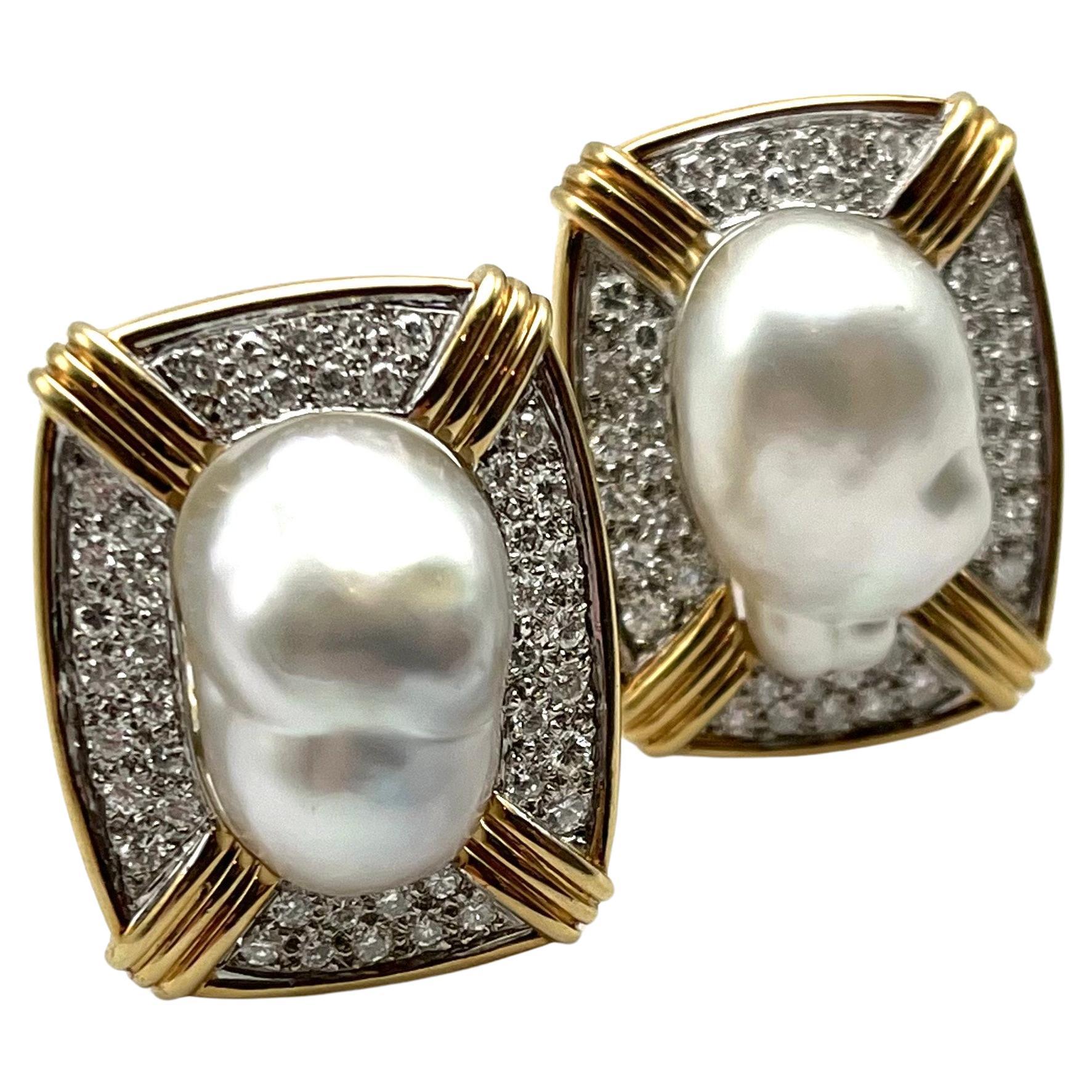 18/14KT Baroque Pearl and Diamond Omega Earrings