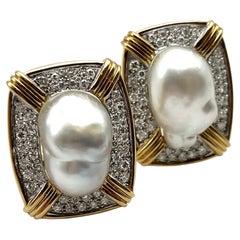 18/14KT Baroque Pearl and Diamond Omega Earrings